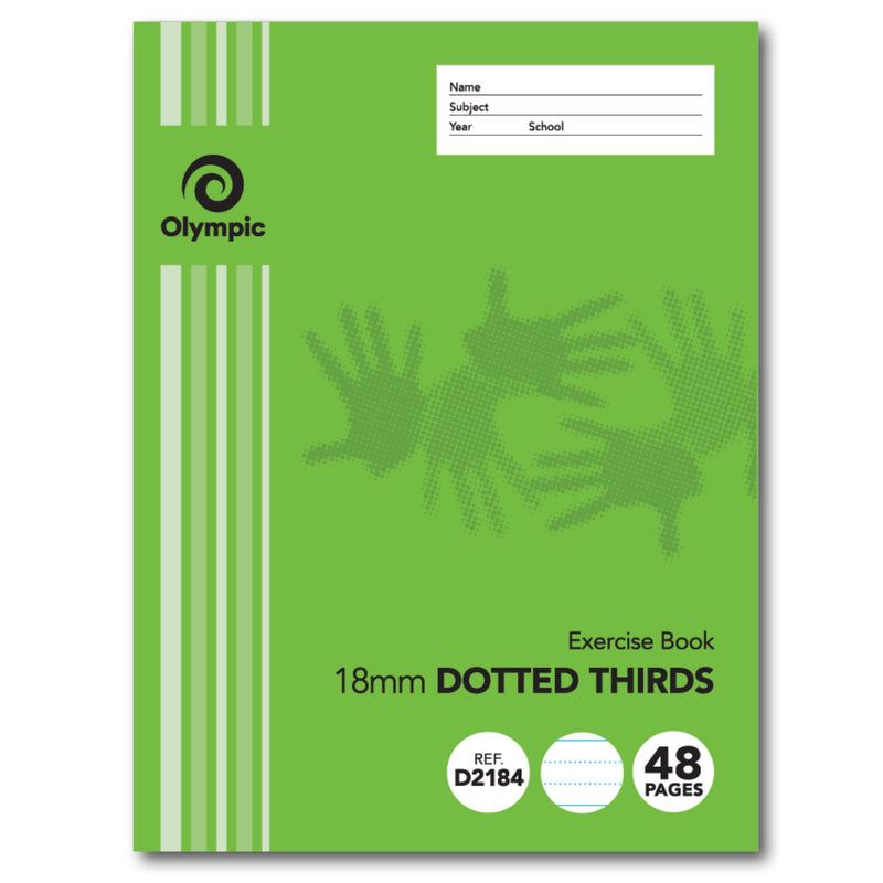 Green Olympic exercise book cover reading Exercise Book 18mm Dotted Thirds, with REF D2184 and 48 pages in round badges and a name and subject panel