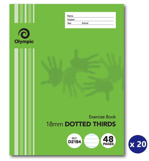 Store photo of the Olympic D2184 18mm Dotted Thirds exercise book cover, 48 pages, beside a blue x 20 pack quantity badge