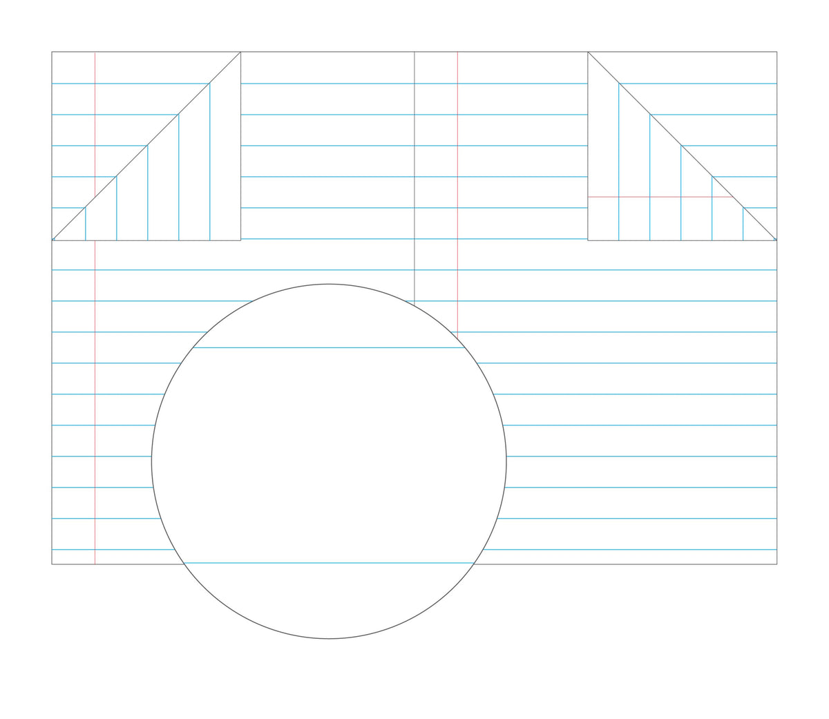 Page illustration of Olympic 18mm ruled pages with evenly spaced blue lines and a thin red margin line, with a magnifier circle