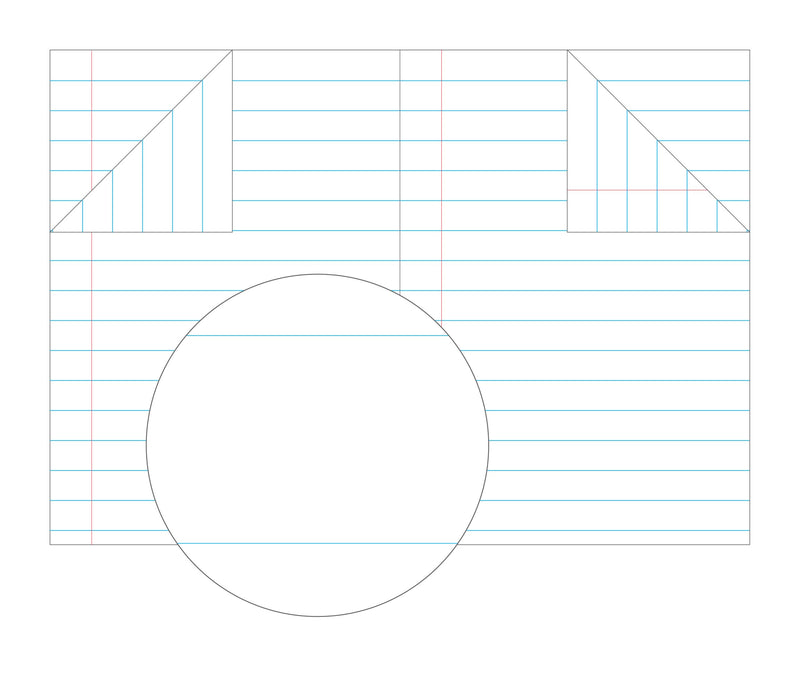 Page illustration of Olympic 18mm ruled pages with evenly spaced blue lines and a thin red margin line, with a magnifier circle