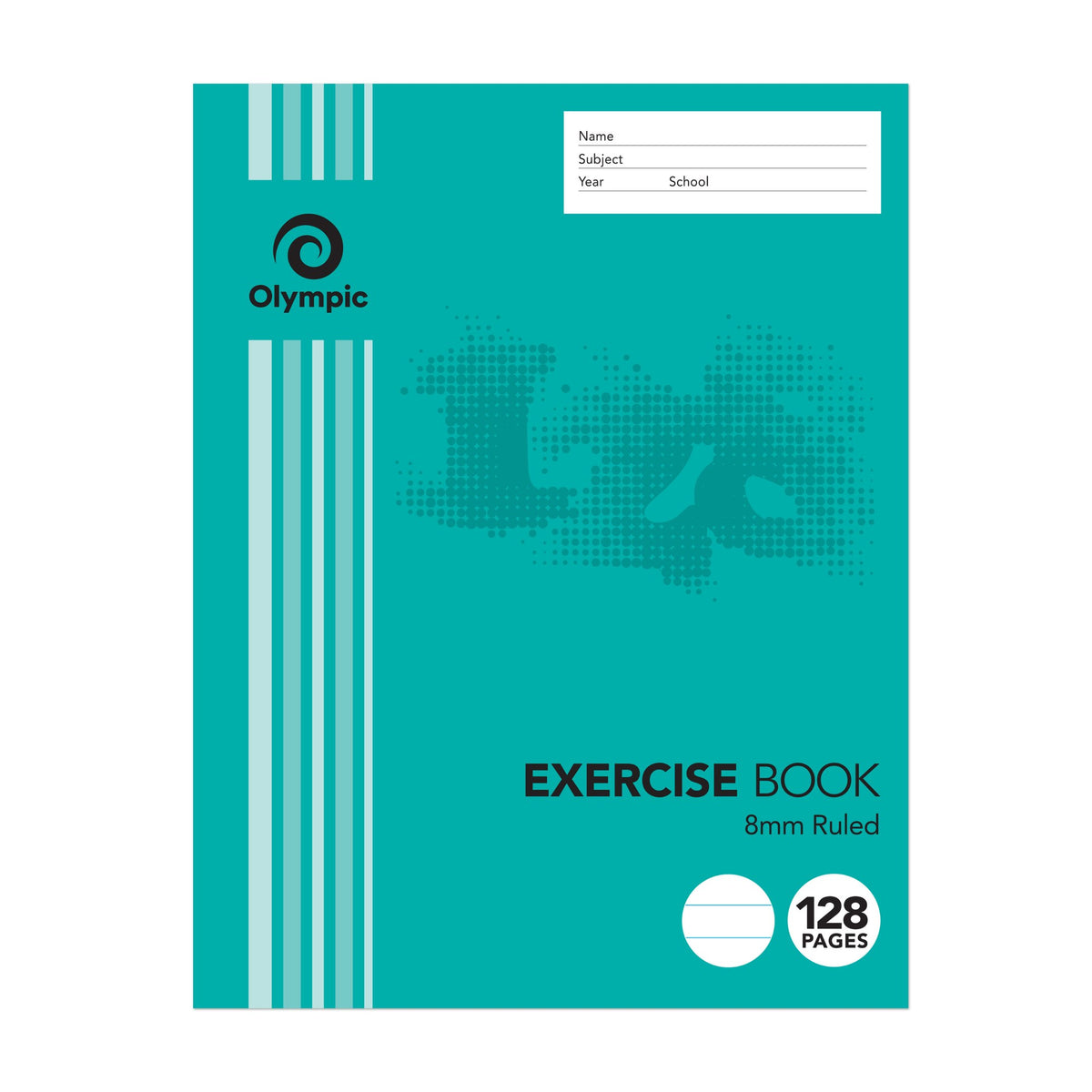 Olympic exercise book E2812 in the current teal cover, 8mm ruled, 128 pages, with a Name, Subject, Year and School panel