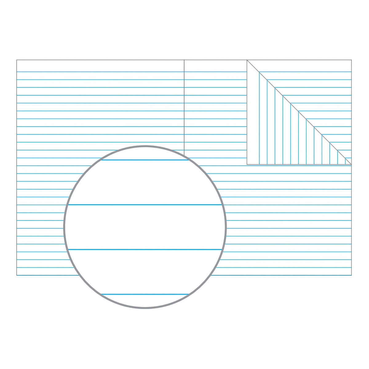 Olympic 225 x 175mm 8mm ruled page layout with blue feint lines and no margin, part of the page magnified in a circle
