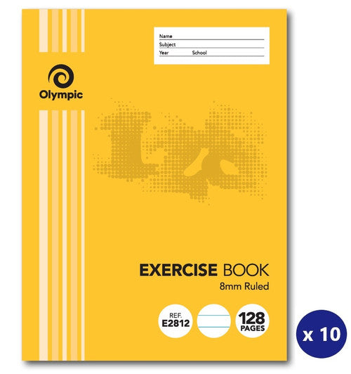 Earlier yellow cover of the Olympic E2812 exercise book, 8mm ruled, 128 pages, shown with an x 10 pack badge