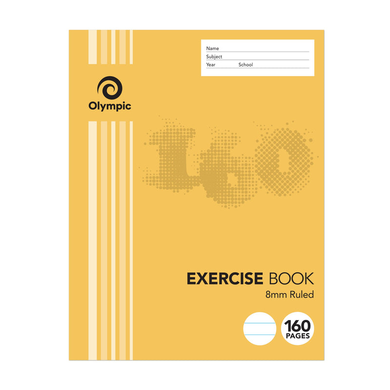 Olympic E2816 exercise book in the current orange cover with a large 160 graphic, 8mm ruled, 160 pages, and a name panel