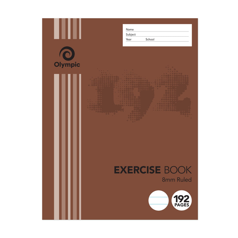 Olympic E2819 exercise book in the current brown cover with a large 192 graphic, 8mm ruled, 192 pages, and a name panel