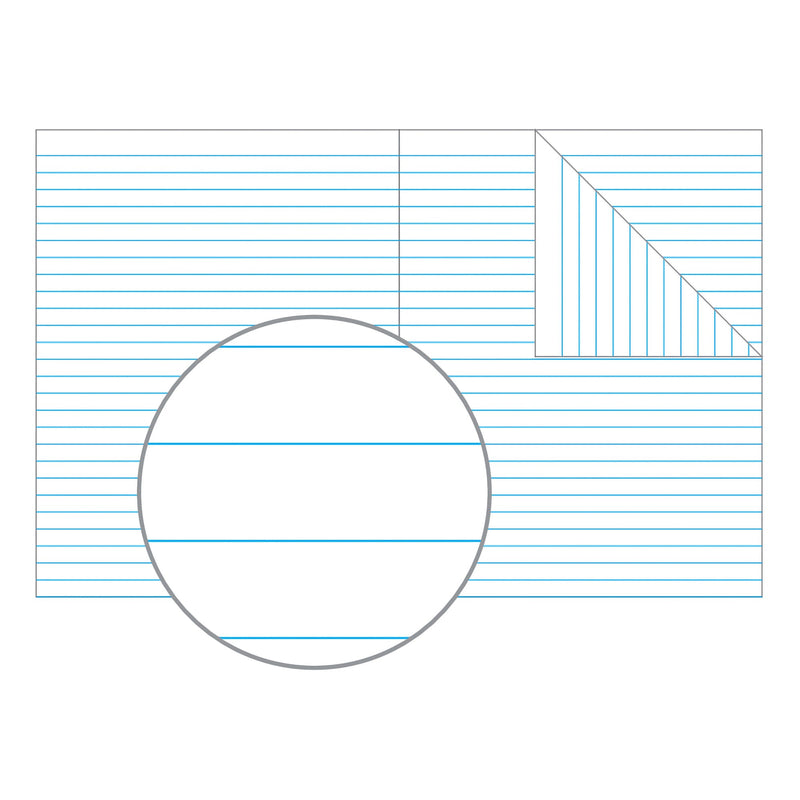 Page layout of an Olympic 225 x 175mm 8mm ruled book, blue feint lines with no margin, part of the page magnified