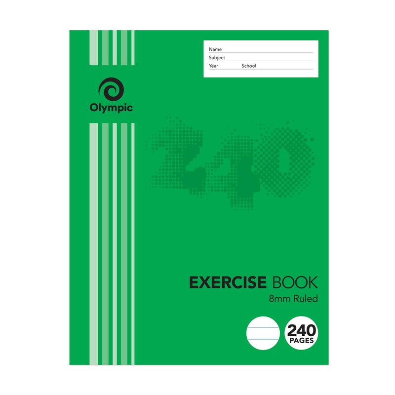 Olympic E2824 exercise book in the current green cover with a large 240 graphic, 8mm ruled, 240 pages, and a name panel