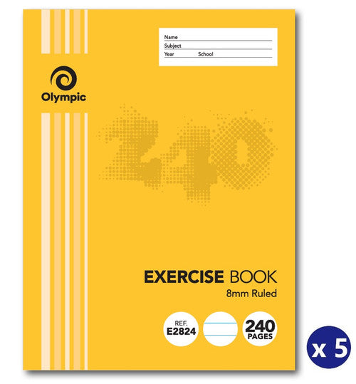 Earlier yellow cover of the Olympic E2824 exercise book, 8mm ruled, 240 pages, shown next to an x 5 pack badge