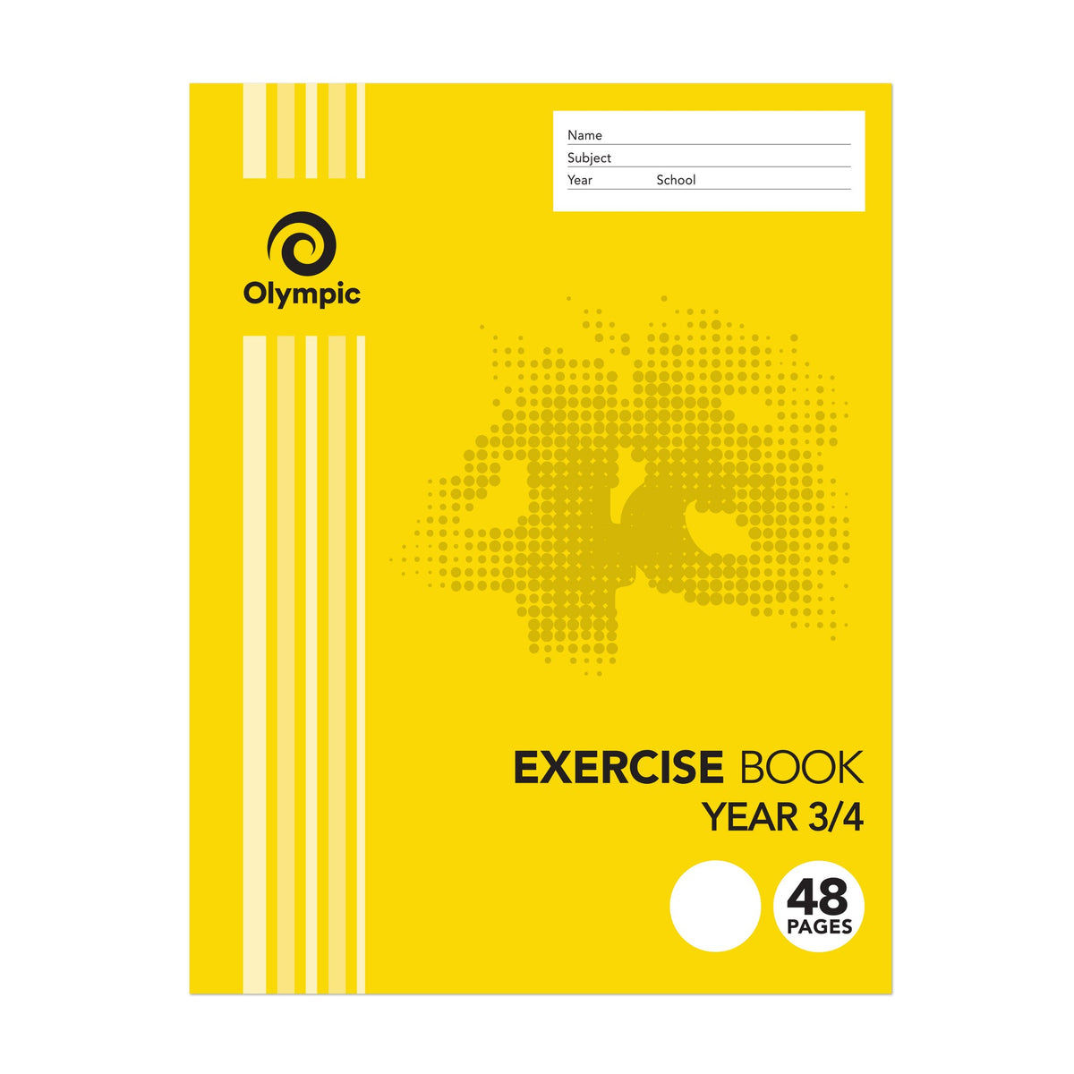 Olympic E2Y34 exercise book in the current yellow cover, Year 3/4, 48 pages, with a Name, Subject, Year and School panel
