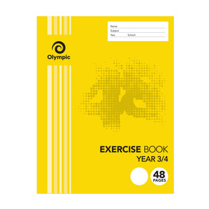 Olympic E2Y34 exercise book in the current yellow cover, Year 3/4, 48 pages, with a Name, Subject, Year and School panel