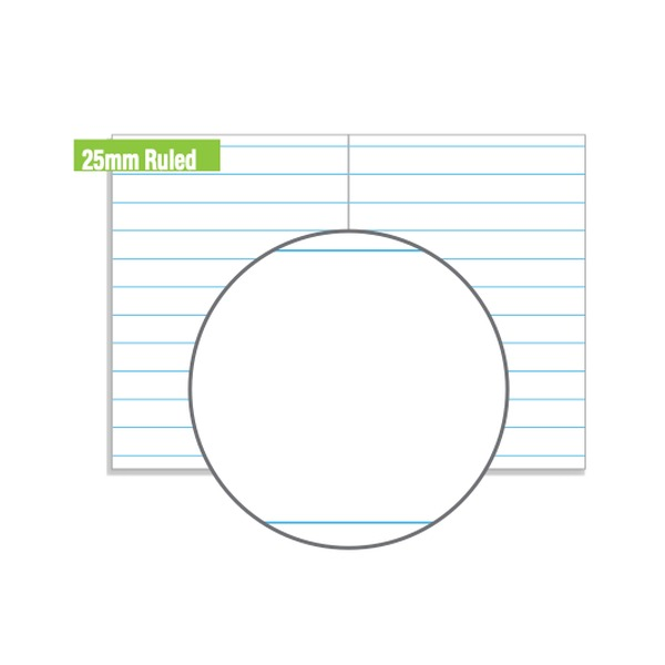Close view of 25mm ruled page lines in pale blue, labelled 25mm Ruled, with a magnifier circle showing the gap between two lines