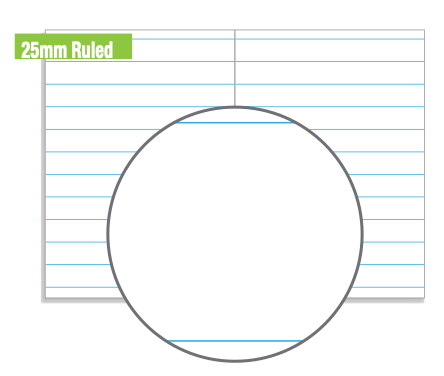 Close view of 25mm ruled page lines in pale blue, labelled 25mm Ruled, with a magnifier circle showing the gap between two lines