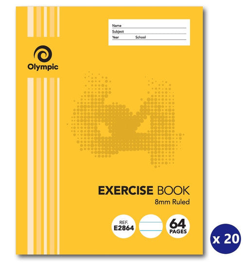 Orange Olympic exercise book cover showing REF E2864, 8mm Ruled and 64 pages, next to a blue x 20 badge marking the pack size