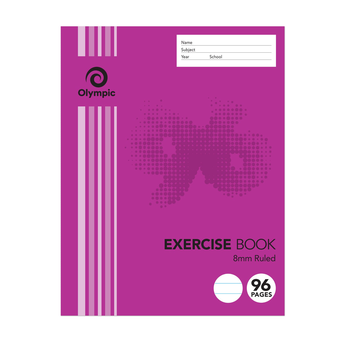 Magenta Olympic exercise book cover printed Exercise Book 8mm Ruled, with a ruling icon, a 96 pages badge and a name, subject, year and school panel