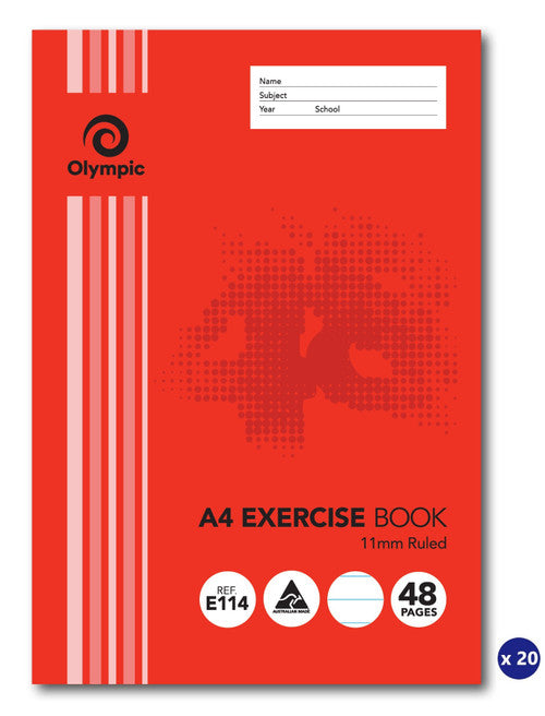 Older red cover of the Olympic E114 A4 exercise book showing 11mm Ruled, REF E114 and 48 pages, with an x 20 pack badge