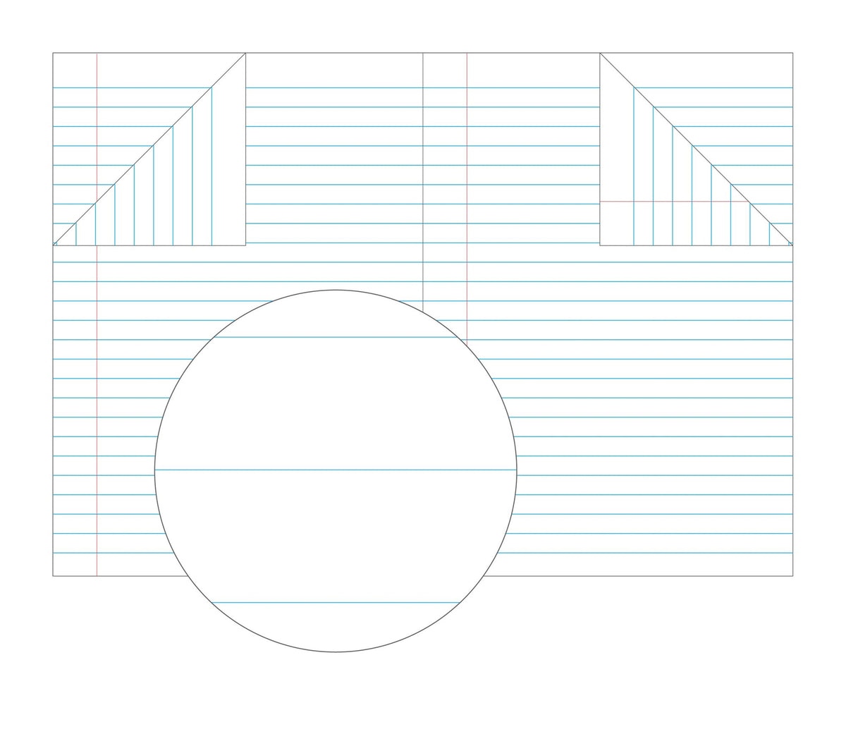 Olympic 11mm ruling artwork across an open two page spread with pale blue lines, folded corners and a magnified circle
