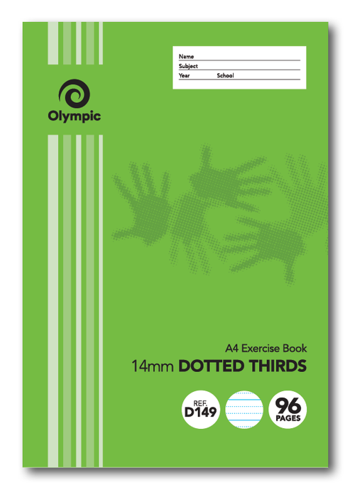 Olympic D149 A4 exercise book with a green handprint cover, 14mm dotted thirds and 96 pages printed on the front