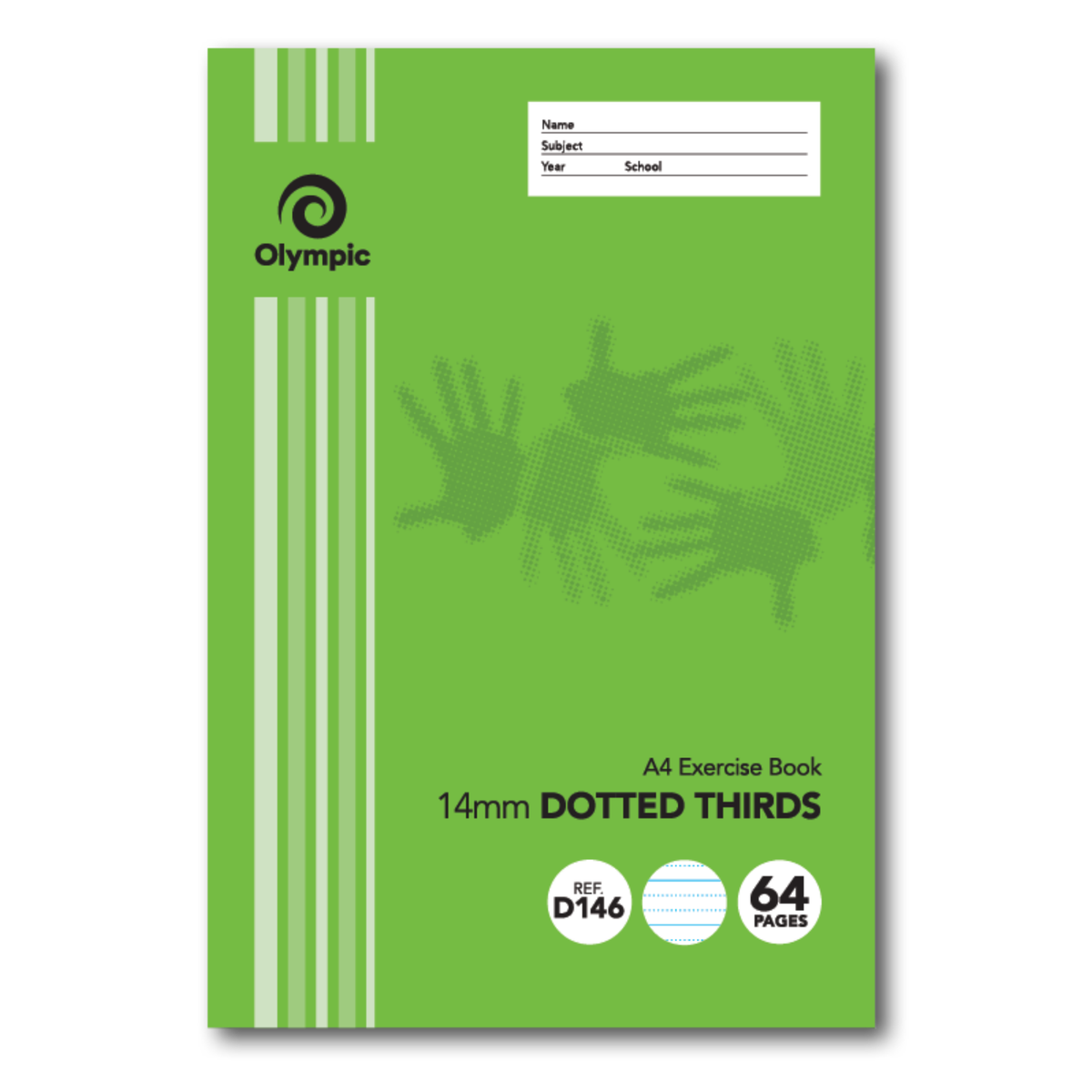 Olympic D146 A4 exercise book, green handprint cover printed 14mm Dotted Thirds and 64 pages, with a label box for name and subject