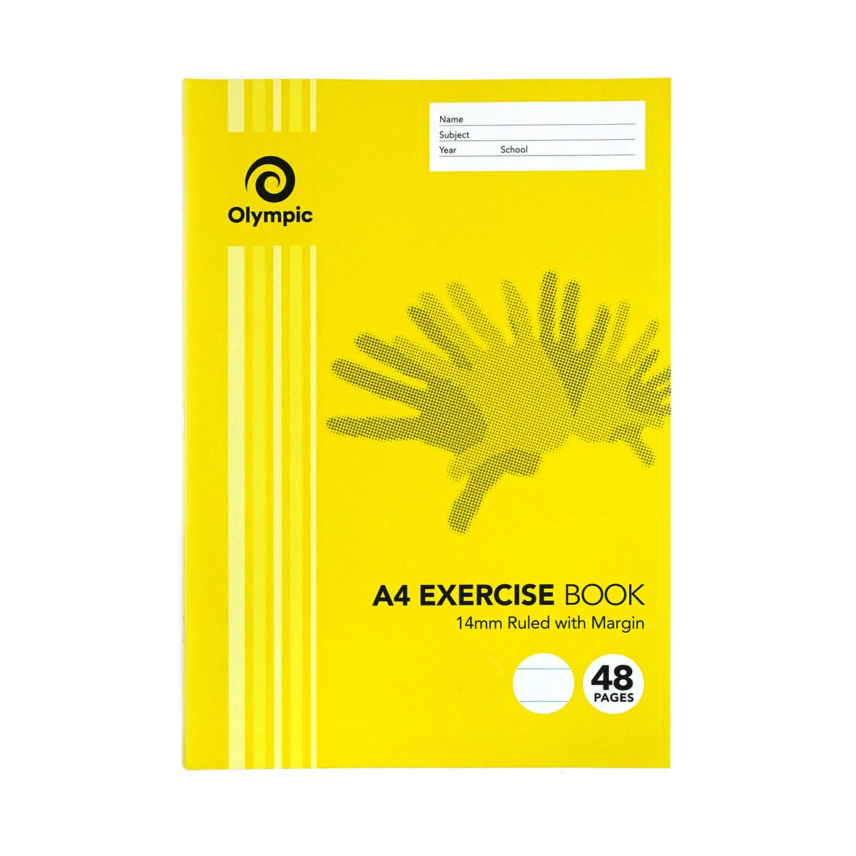 Olympic E144 A4 exercise book with a yellow handprint cover, Name Subject Year School panel, 14mm Ruled with Margin and 48 pages