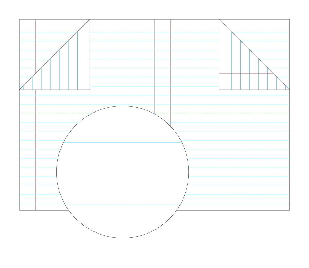 Olympic 14mm ruling artwork across an open two page spread with pale blue lines, folded corners and a magnified circle