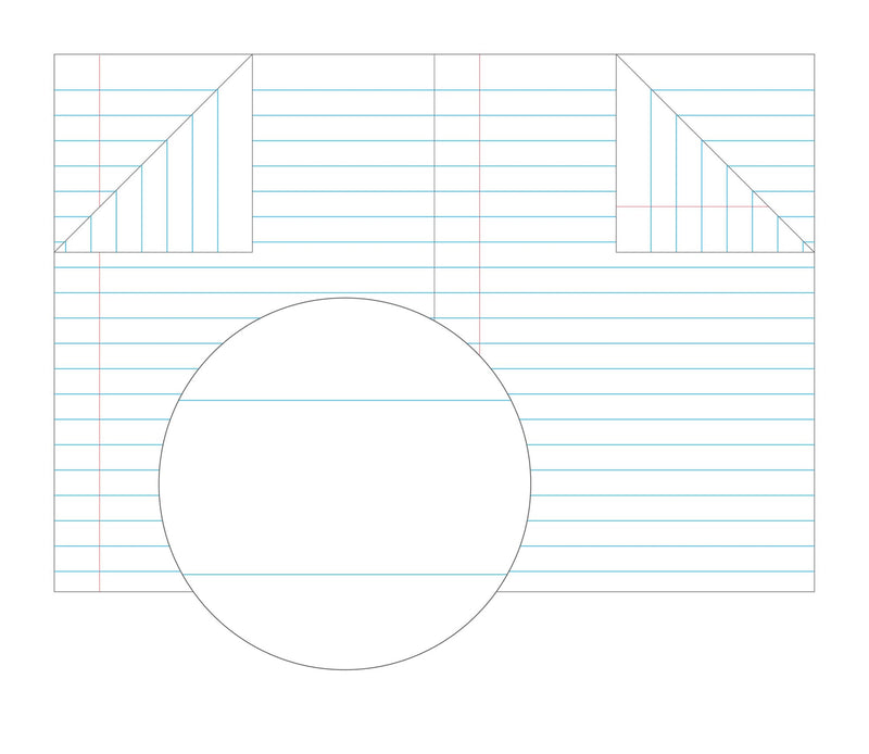 Olympic 14mm ruling artwork across an open two page spread with pale blue lines, folded corners and a magnified circle