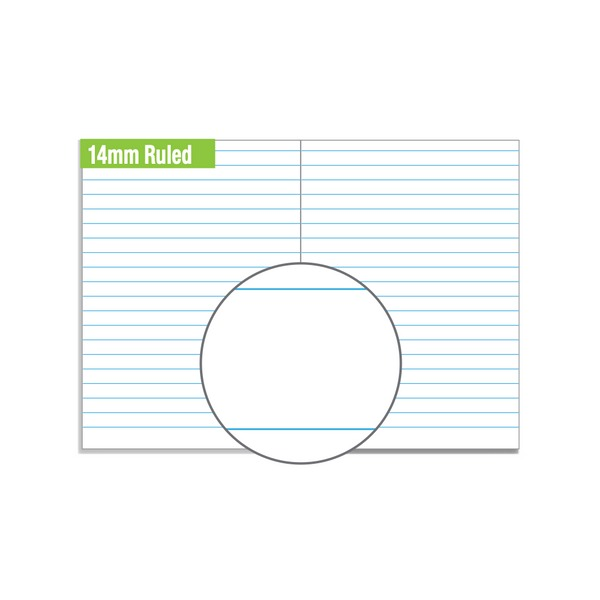 Page spread sample with a green 14mm Ruled label, pale blue ruled lines and a magnified circle showing the line spacing