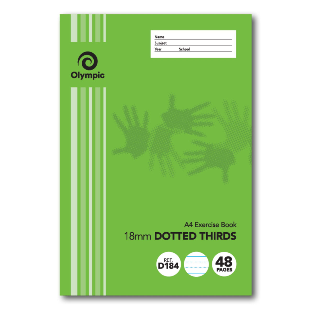 Olympic D184 A4 exercise book with a green handprint cover, Name Subject Year School panel, 18mm Dotted Thirds, REF D184 and 48 pages