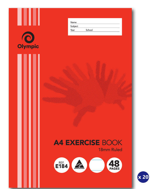 Olympic E184 A4 exercise book with a red cover printed 18mm Ruled and 48 pages, shown with an x 20 pack badge