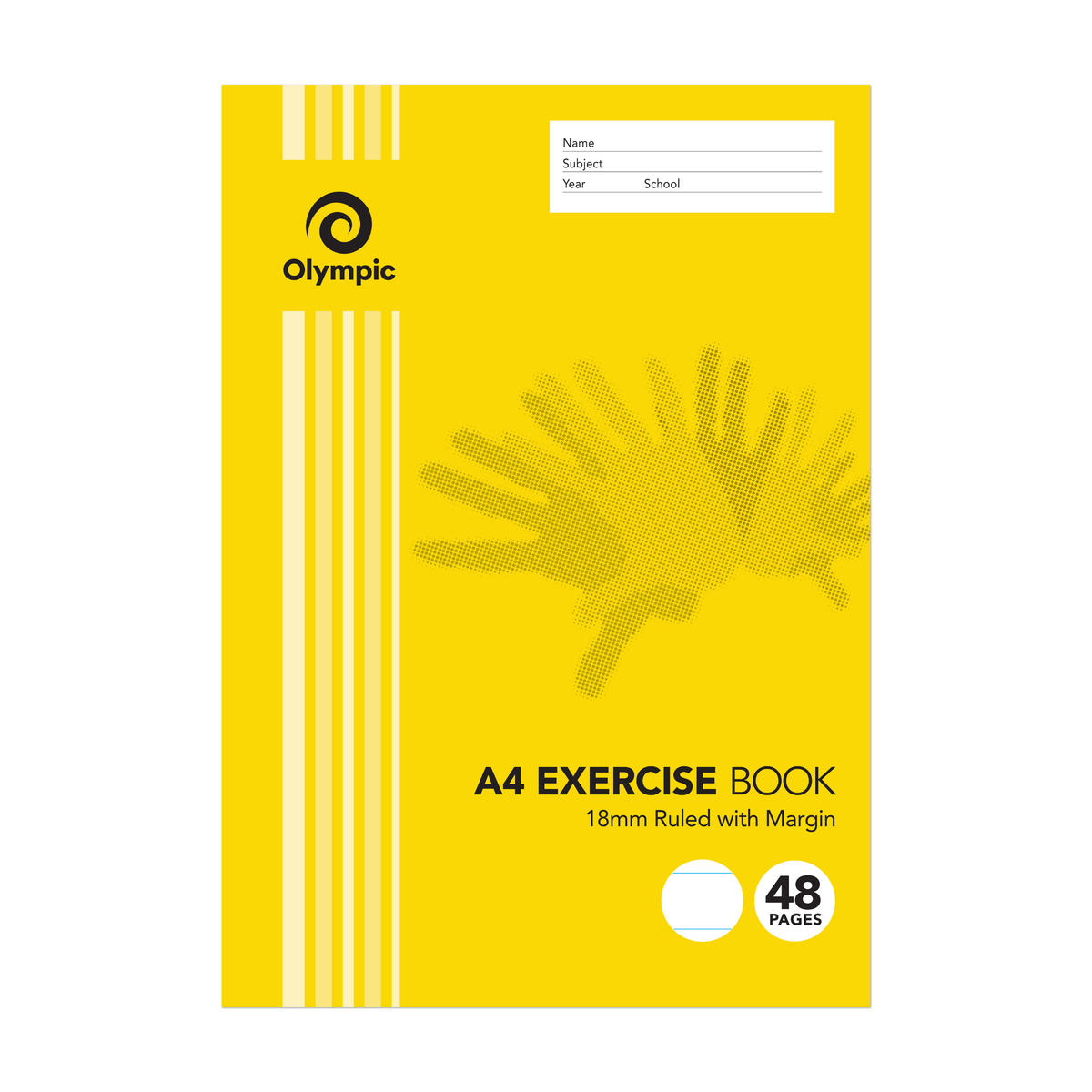Olympic A4 exercise book with a yellow cover printed A4 Exercise Book, 18mm Ruled with Margin and 48 pages, with a name and subject panel