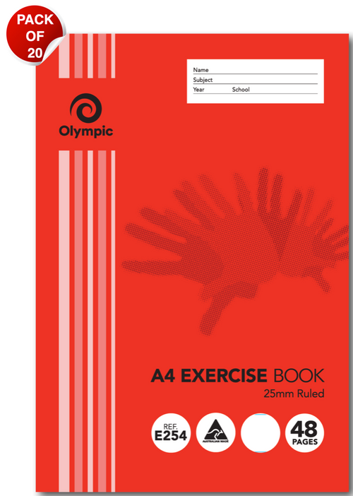 Earlier red cover of the Olympic E254 A4 exercise book printed 25mm Ruled and 48 pages, with a red Pack of 20 badge