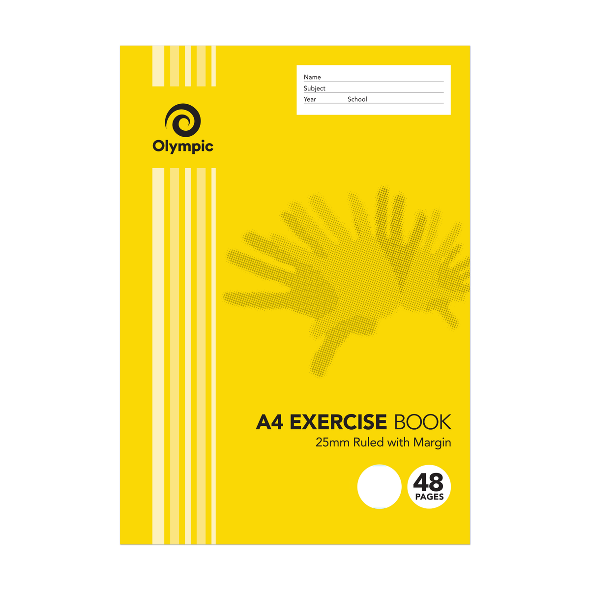 Olympic A4 exercise book in a yellow handprint cover printed 25mm Ruled with Margin and 48 pages, with a name and school label area