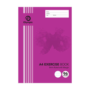 Olympic A4 exercise book in the current magenta cover, 8mm Ruled with Margin, 96 pages, with a Name, Subject, Year and School panel