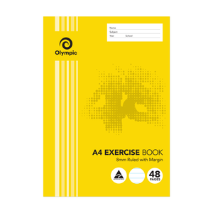 Olympic A4 exercise book in a yellow cover printed A4 Exercise Book, 8mm Ruled with Margin and 48 pages, with a label area at the top