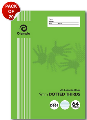Olympic A4 exercise book D964 with a green cover, 9mm dotted thirds and 64 pages printed on it, shown with a Pack of 20 badge