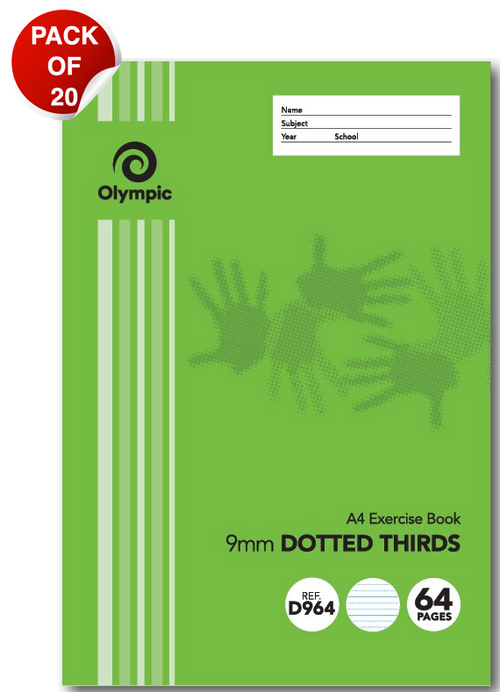 Olympic A4 exercise book D964 with a green cover, 9mm dotted thirds and 64 pages printed on it, shown with a Pack of 20 badge