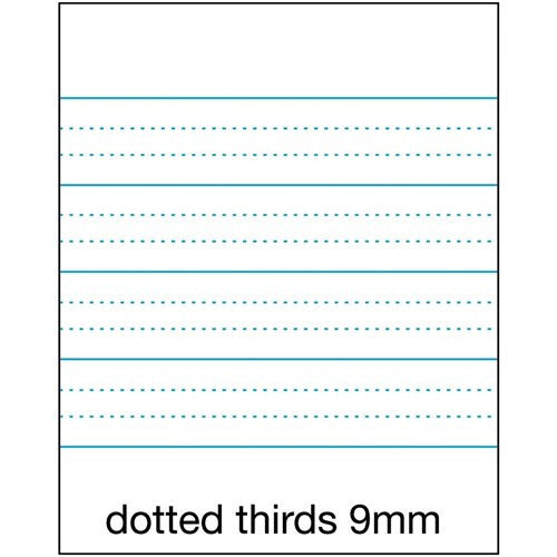 Diagram of dotted thirds ruling labelled dotted thirds 9mm, showing solid lines with two rows of dots between each pair