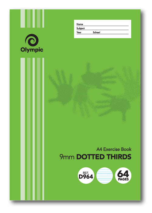 Front cover of the Olympic D964 A4 exercise book, green with a handprint pattern and a Name, Subject, Year and School panel