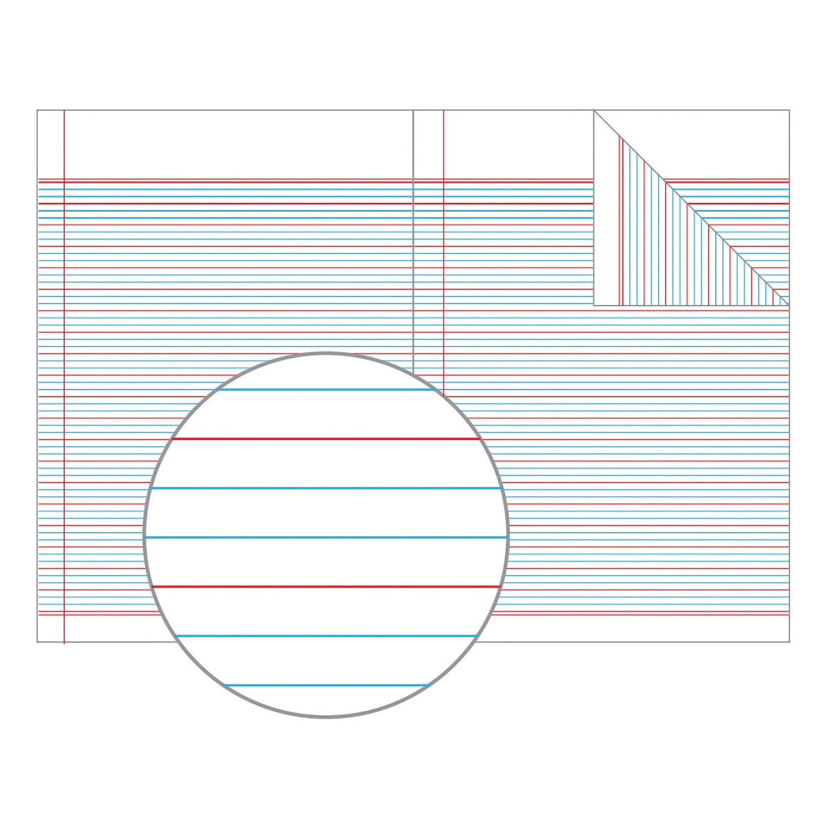 Olympic QLD Year 3/4 ruled page layout with alternating blue and red lines and a red margin, magnified in a circle