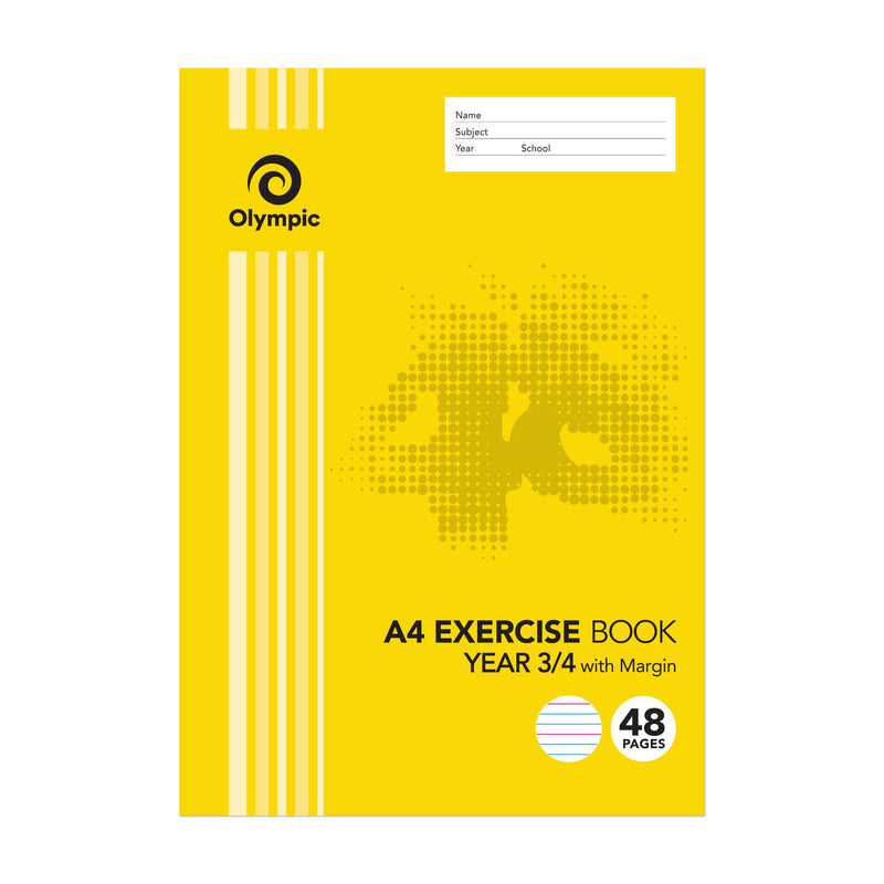 Olympic EY34 A4 exercise book with a yellow cover, Name Subject Year School panel, Year 3/4 with Margin and 48 pages printed on the front