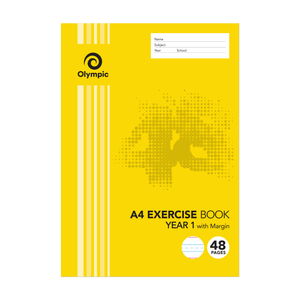 Olympic A4 exercise book with a yellow cover printed A4 Exercise Book, Year 1 with Margin and 48 pages, with a name and subject label area