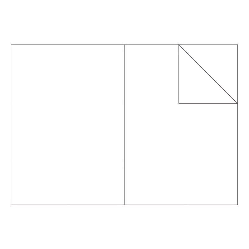 Line drawing of an open Olympic blank exercise book spread with plain unruled pages and one turned page corner