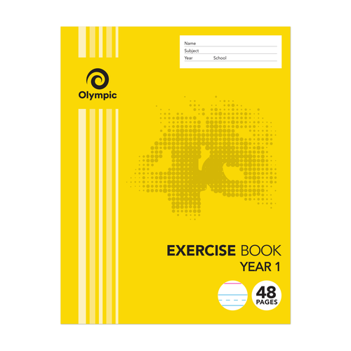 Yellow Olympic exercise book cover reading Exercise Book Year 1, with a ruling icon, a 48 pages badge and a name, subject, year and school panel