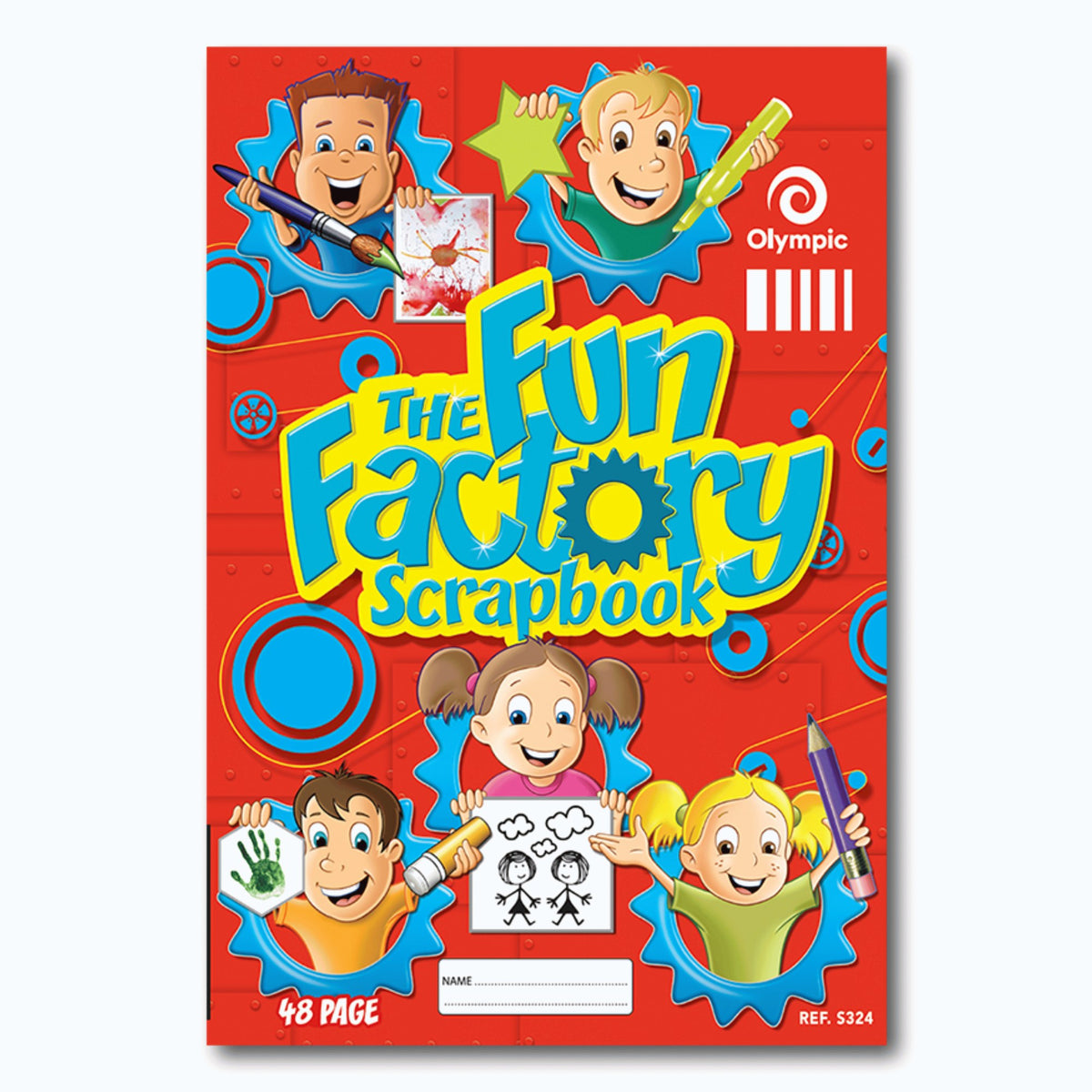 Red Olympic Fun Factory scrap book cover with cartoon children in blue cog frames holding art tools, a name panel, 48 Page badge and Ref S324