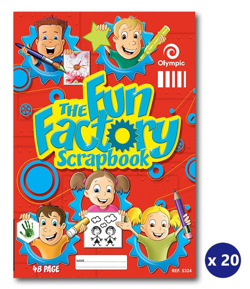 Olympic Fun Factory 48 page scrap book cover next to a navy x 20 badge showing twenty books per pack
