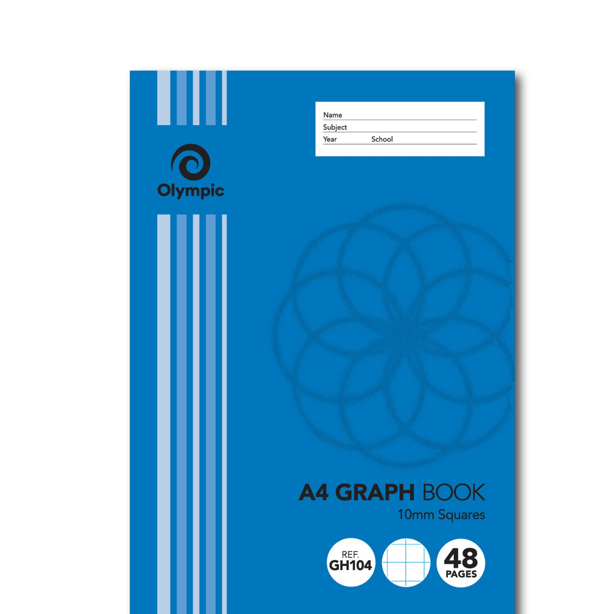 Olympic A4 graph book GH104 in blue with a faint circular pattern, a name, subject, year and school panel and a 48 Pages badge