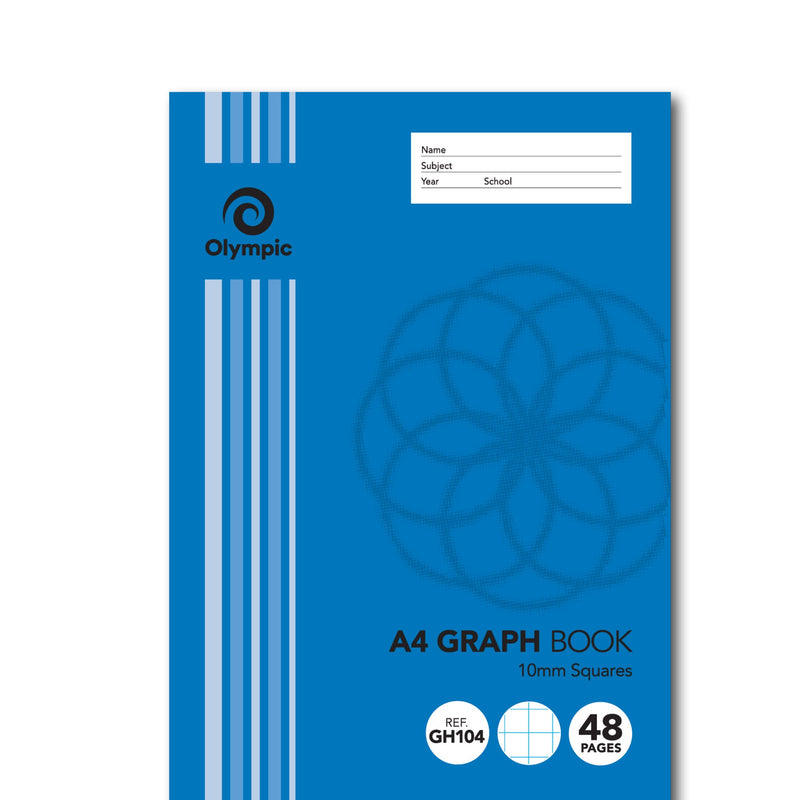Olympic A4 graph book GH104 in blue with a faint circular pattern, a name, subject, year and school panel and a 48 Pages badge