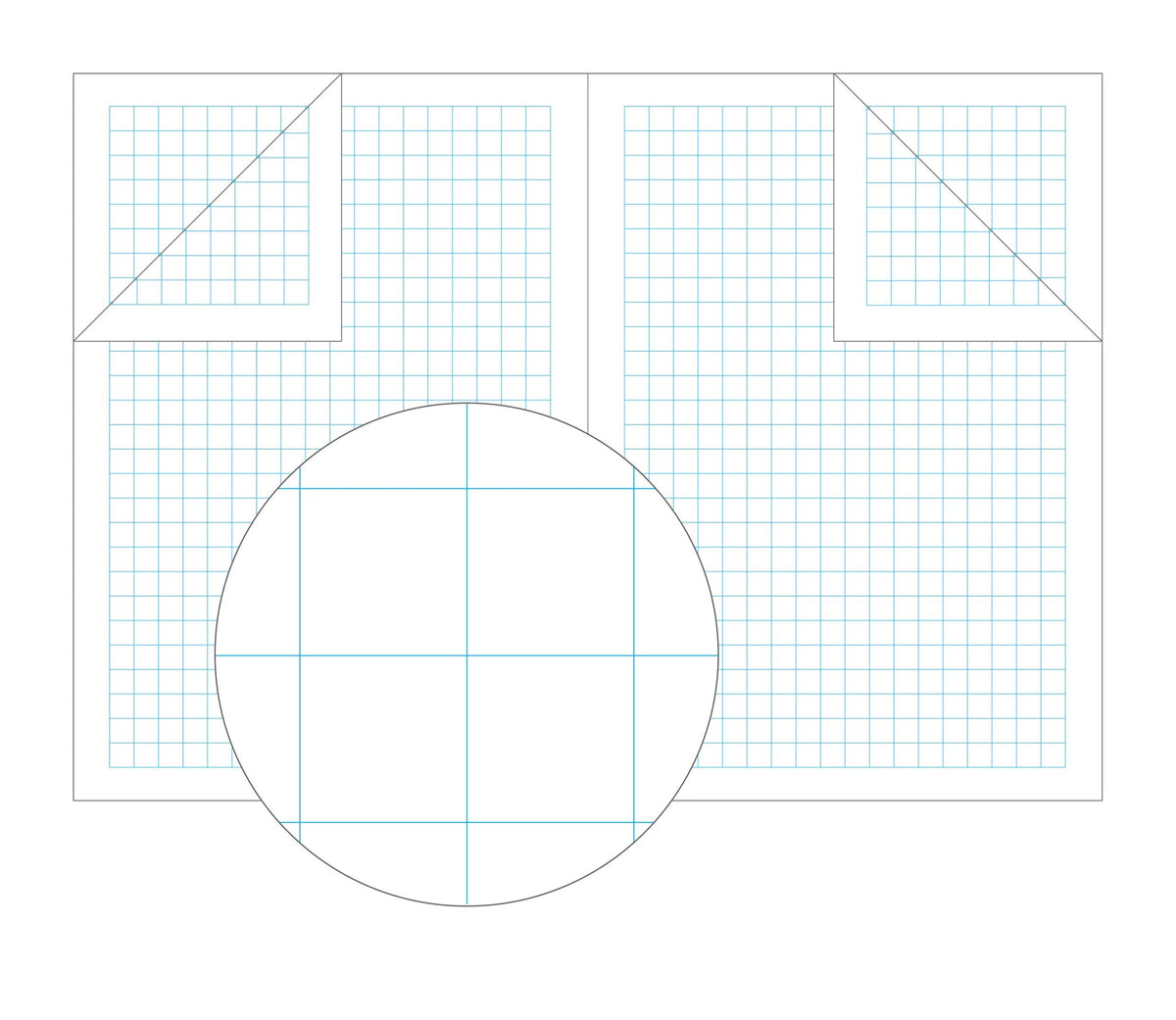 Olympic illustration of an open graph book showing a blue square grid on both pages and a magnified circle of the 10mm squares