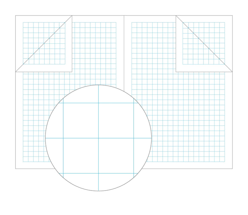 Olympic illustration of an open graph book showing a blue square grid on both pages and a magnified circle of the 10mm squares