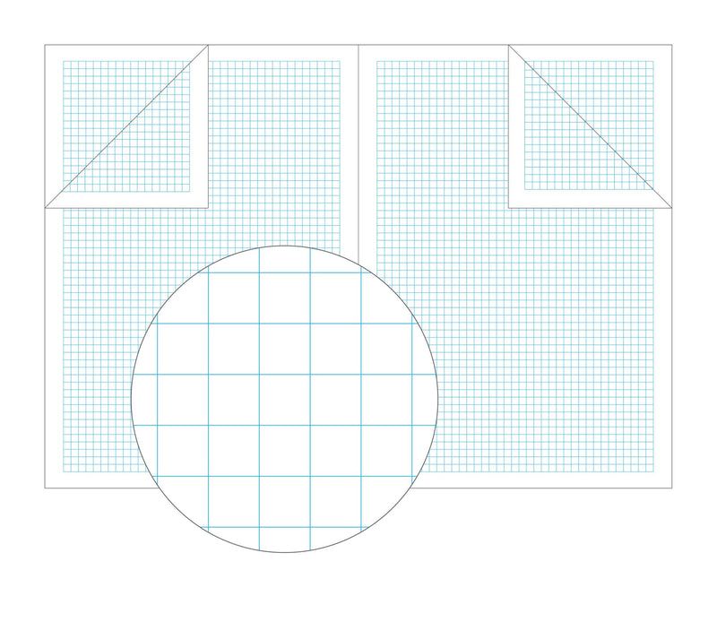 Olympic illustration of an open graph book filled with a fine blue square grid, with a magnified circle showing the 5mm squares