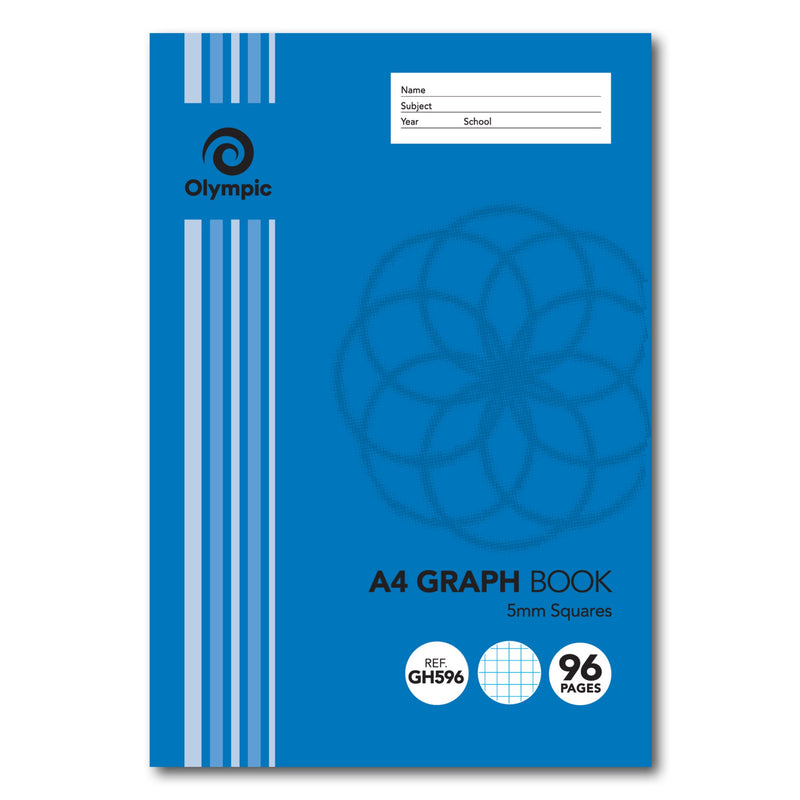 Front of the Olympic GH596 A4 graph book in blue with the Olympic logo, a faint circle pattern and a panel for name, subject, year and school